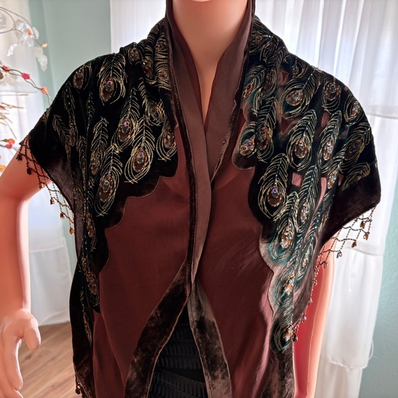 Vintage Peacock Velvet Beaded Tango Shawl | Fringe Wrap - Picture 6 of 7